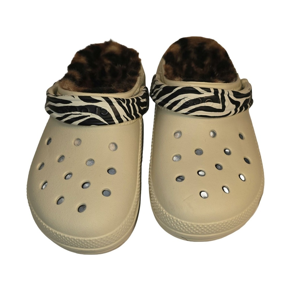 CROCS CLASSIC LINED CLOG WOMENS SIZE 6 BEIGE FAUX FUR ZEBRA STRAP EXCELLENT